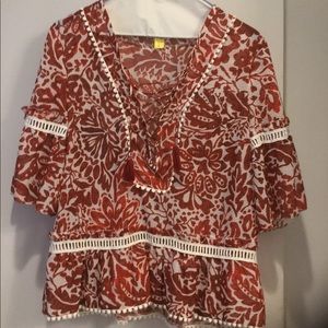 SAYLOR Alissa Tassel Dark Red & White Peasant Top